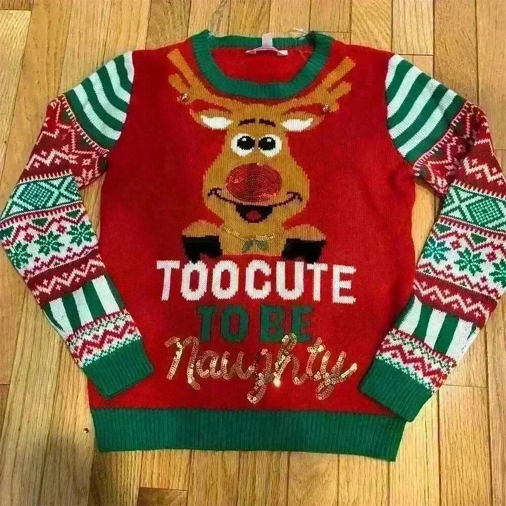 No Boundaries Women's Ugly Christmas Sweater S Reindeer Sequin Holiday - Picture 2 of 6